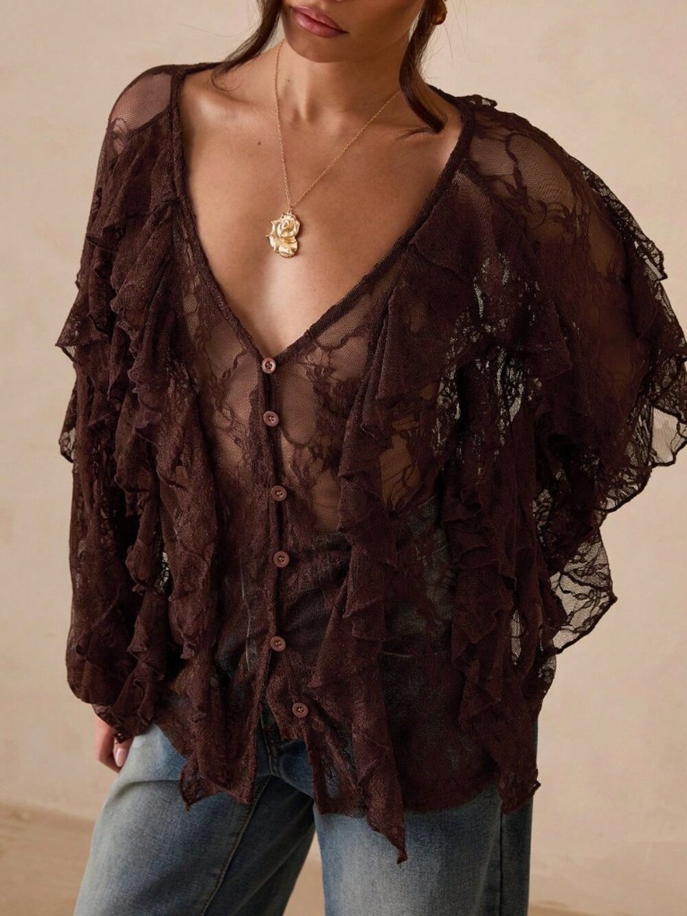 Coffee Brown Sexy Casual Women's V-Neck Long Sleeve Boho Blouse - Picture 6 of 7